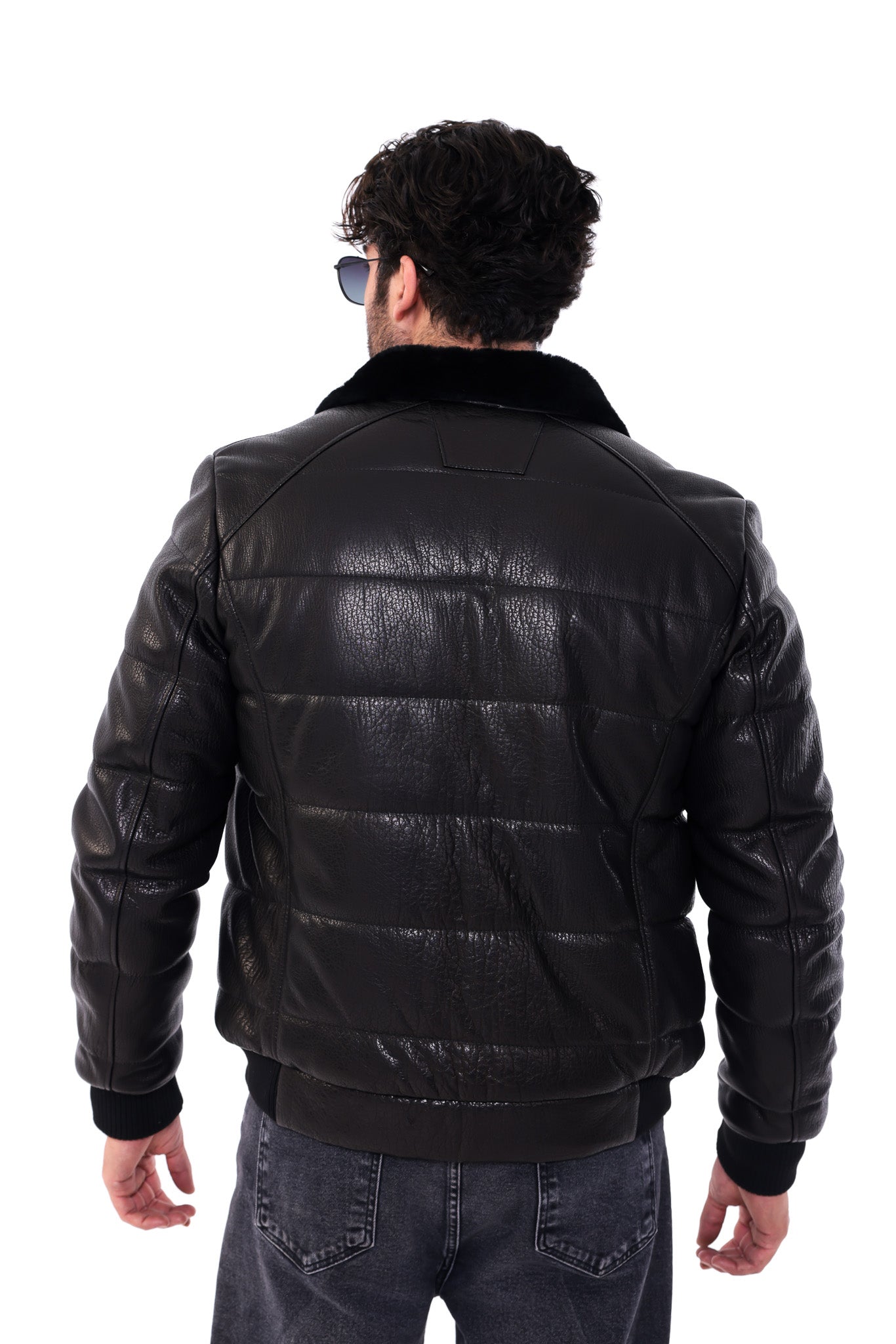 The Zervano Black Genuine Leather Fur Collar Puffer Men Jacket