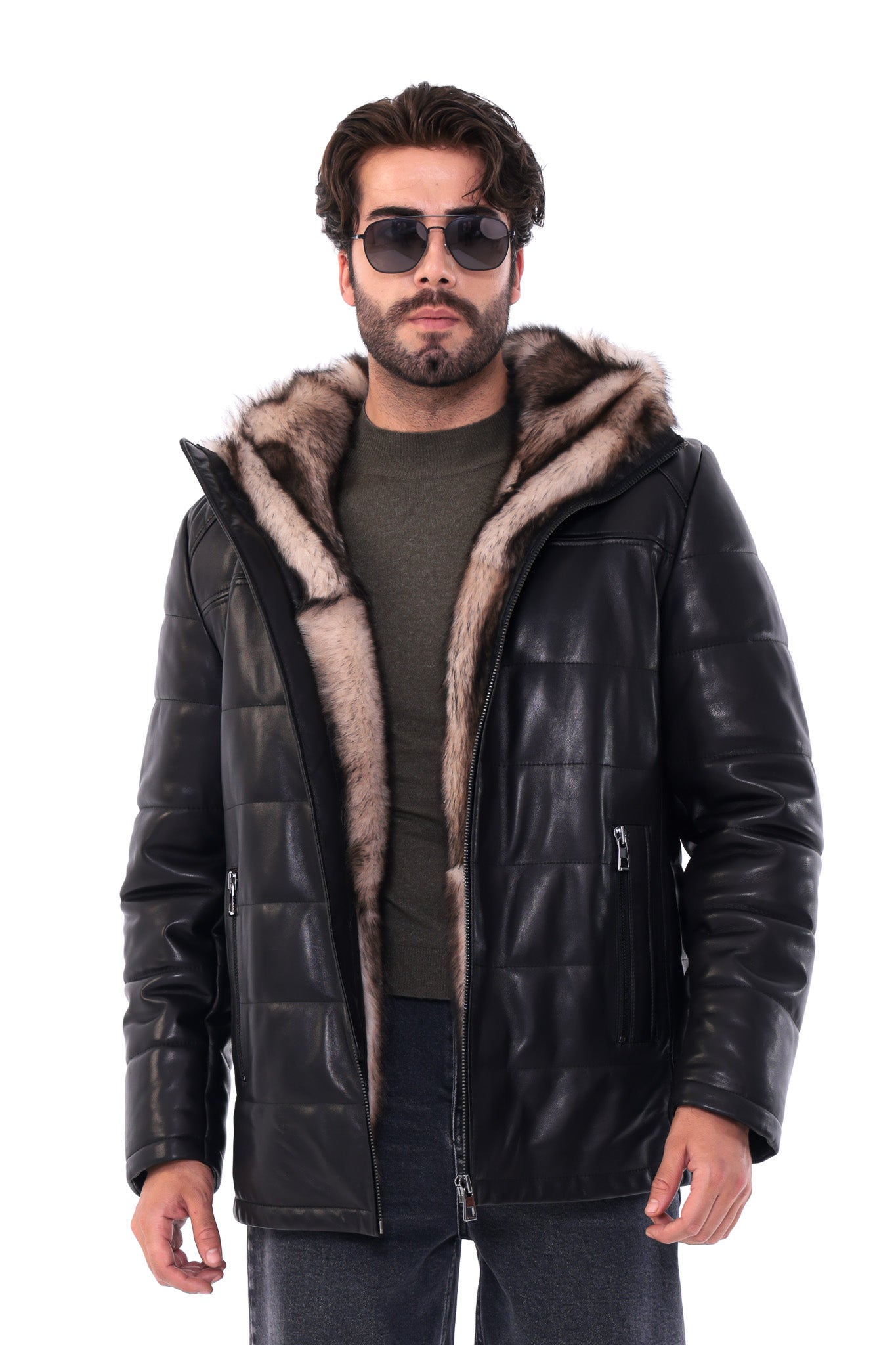 The Valdoro Black Genuine Leather Fur-Lined Hooded Men jacket