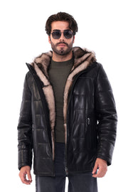 The Valdoro Black Genuine Leather Fur-Lined Hooded Men jacket