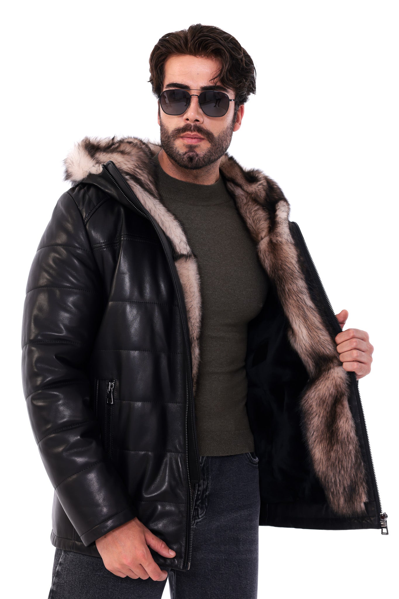 The Valdoro Black Genuine Leather Fur-Lined Hooded Men jacket
