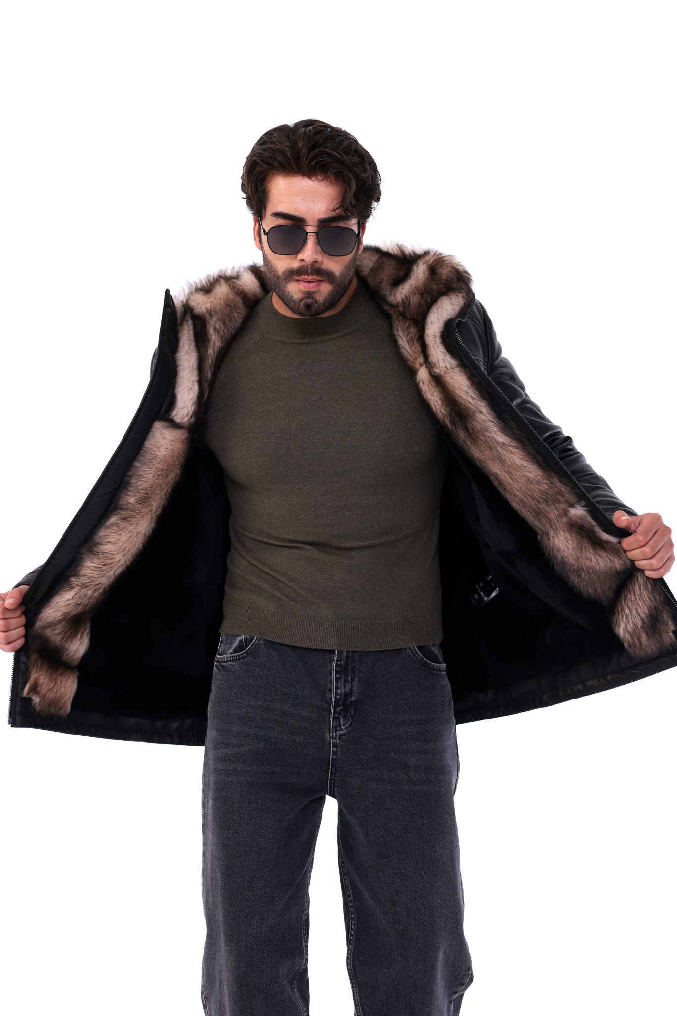 The Valdoro Black Genuine Leather Fur-Lined Hooded Men jacket