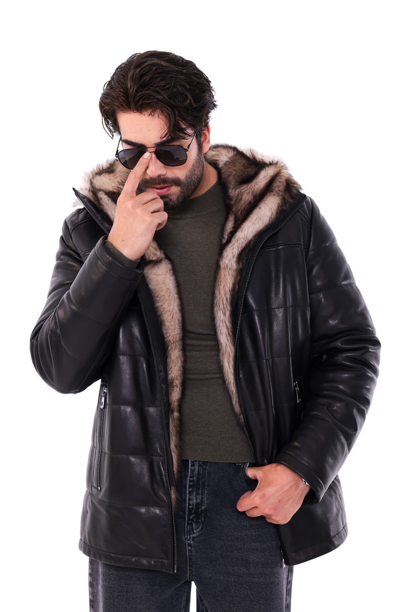 The Valdoro Black Genuine Leather Fur-Lined Hooded Men jacket