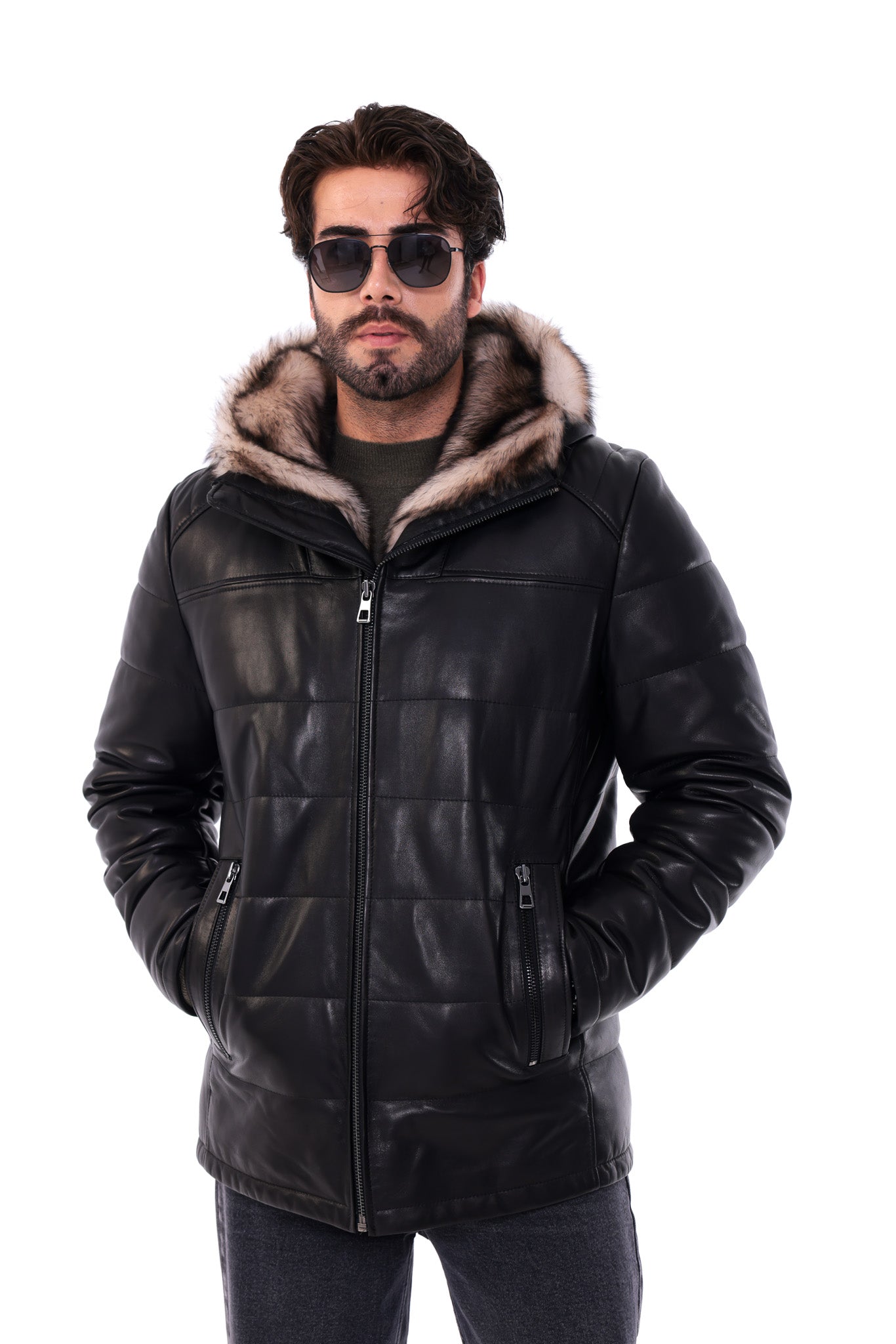 The Valdoro Black Genuine Leather Fur-Lined Hooded Men jacket