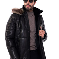 The Montrevia Black Genuine Leather Fur Hooded Men Jacket
