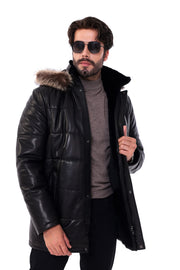 The Montrevia Black Genuine Leather Fur Hooded Men Jacket