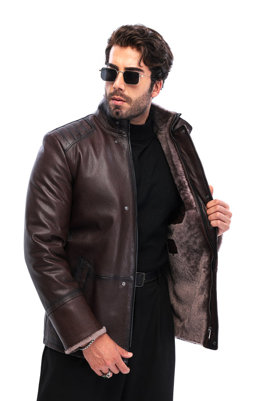 The Sondrio Brown Genuine Leather Shearling Men Jacket
