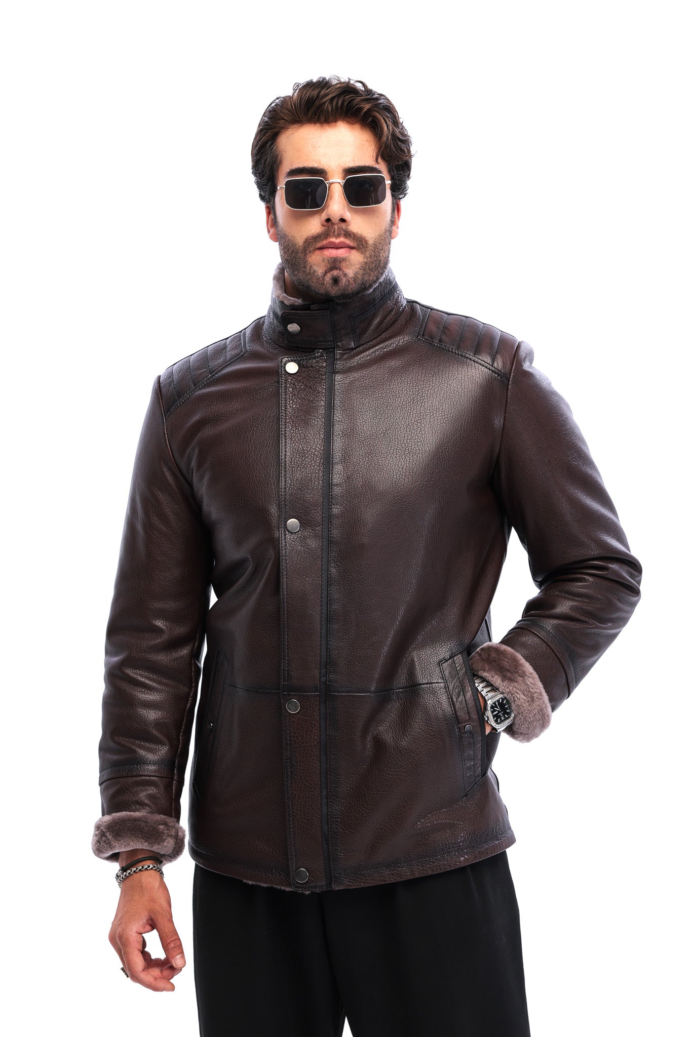 The Sondrio Brown Genuine Leather Shearling Men Jacket