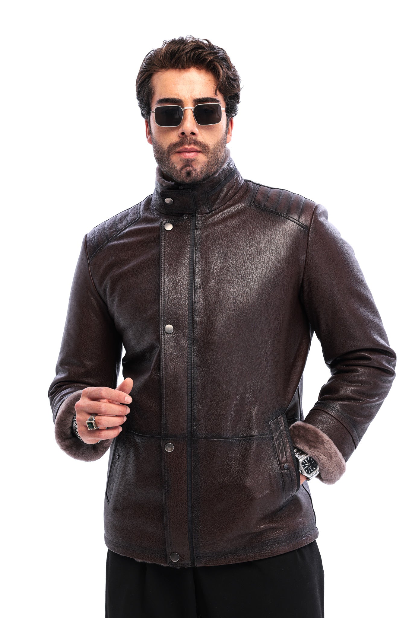 The Sondrio Brown Genuine Leather Shearling Men Jacket