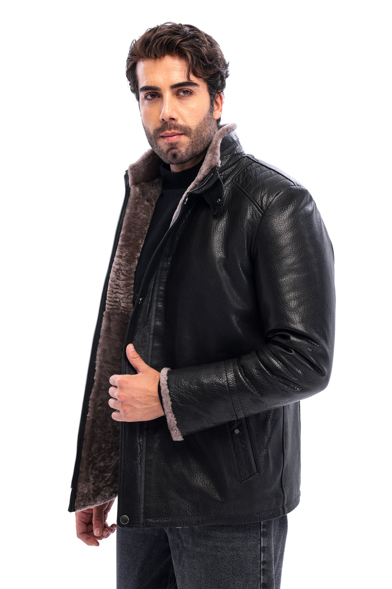 The Sondrio Black Genuine Leather Shearling Men Jacket
