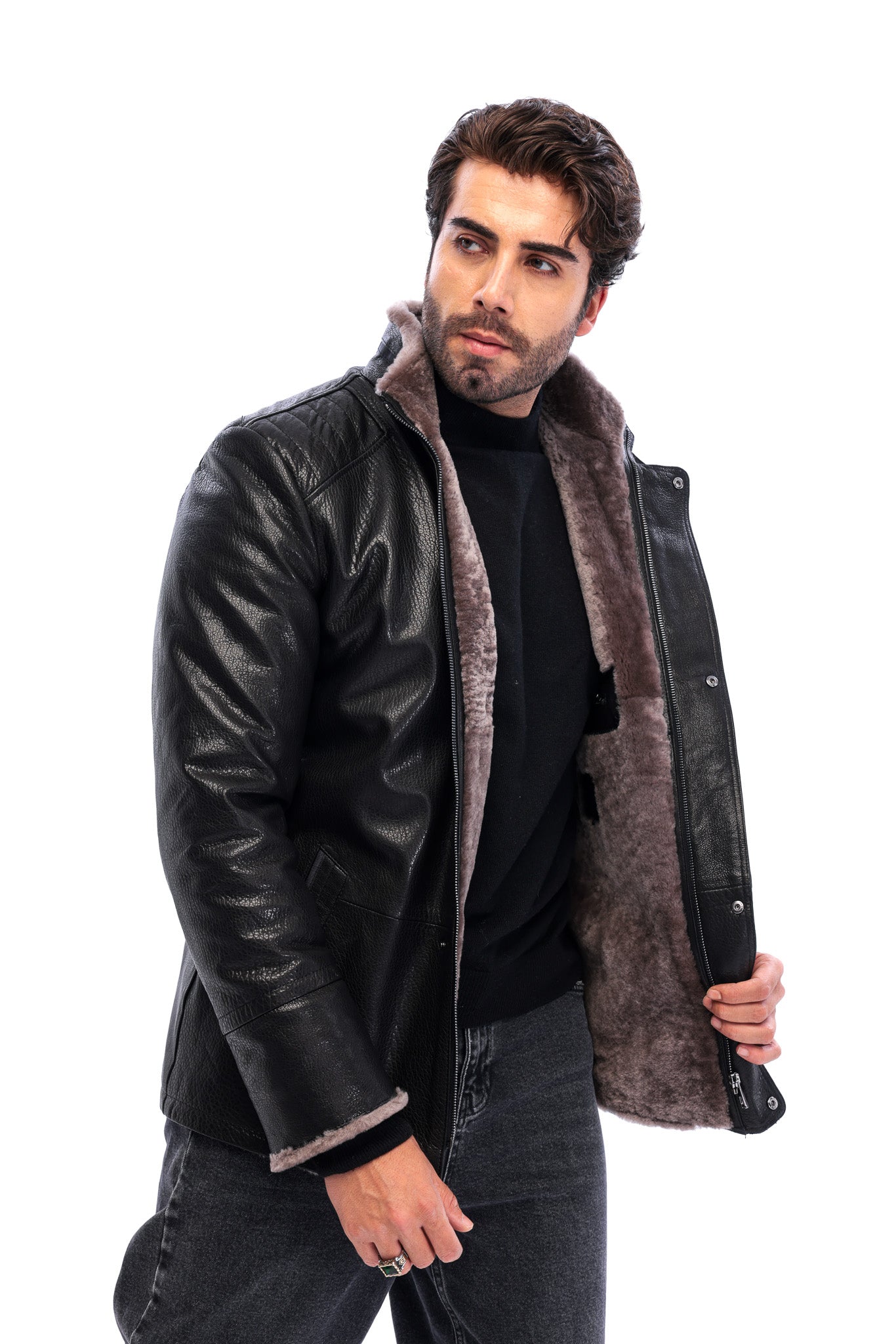 The Sondrio Black Genuine Leather Shearling Men Jacket