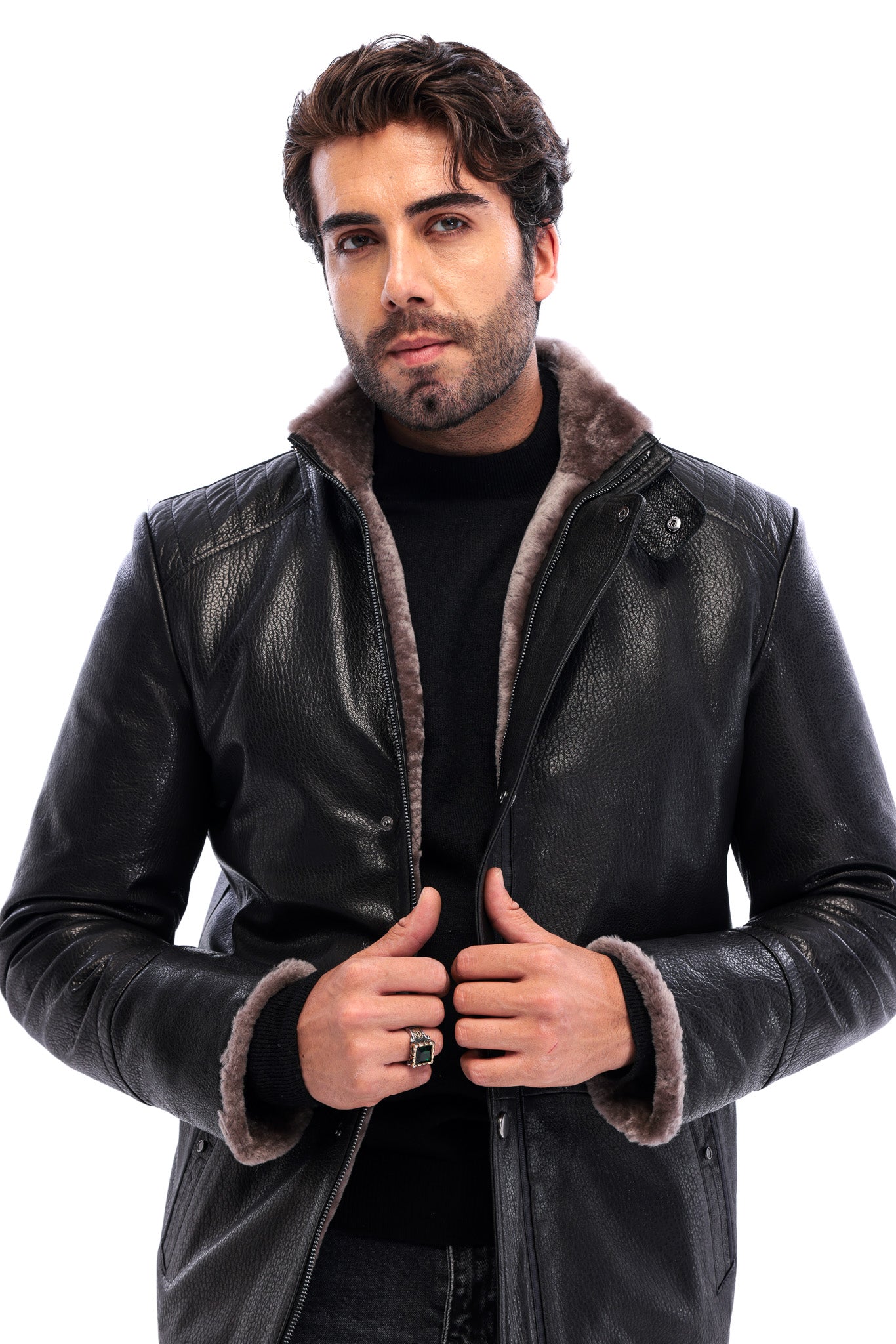 The Sondrio Black Genuine Leather Shearling Men Jacket