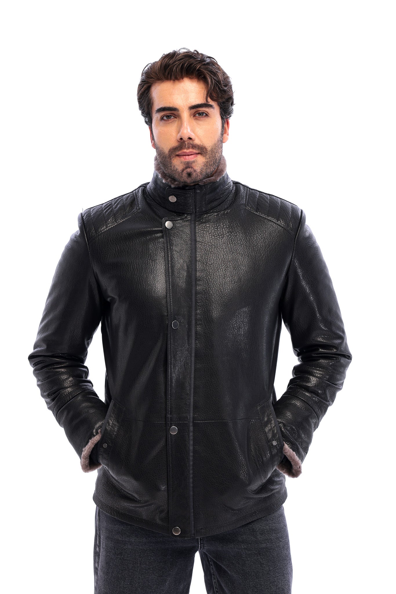 The Sondrio Black Genuine Leather Shearling Men Jacket