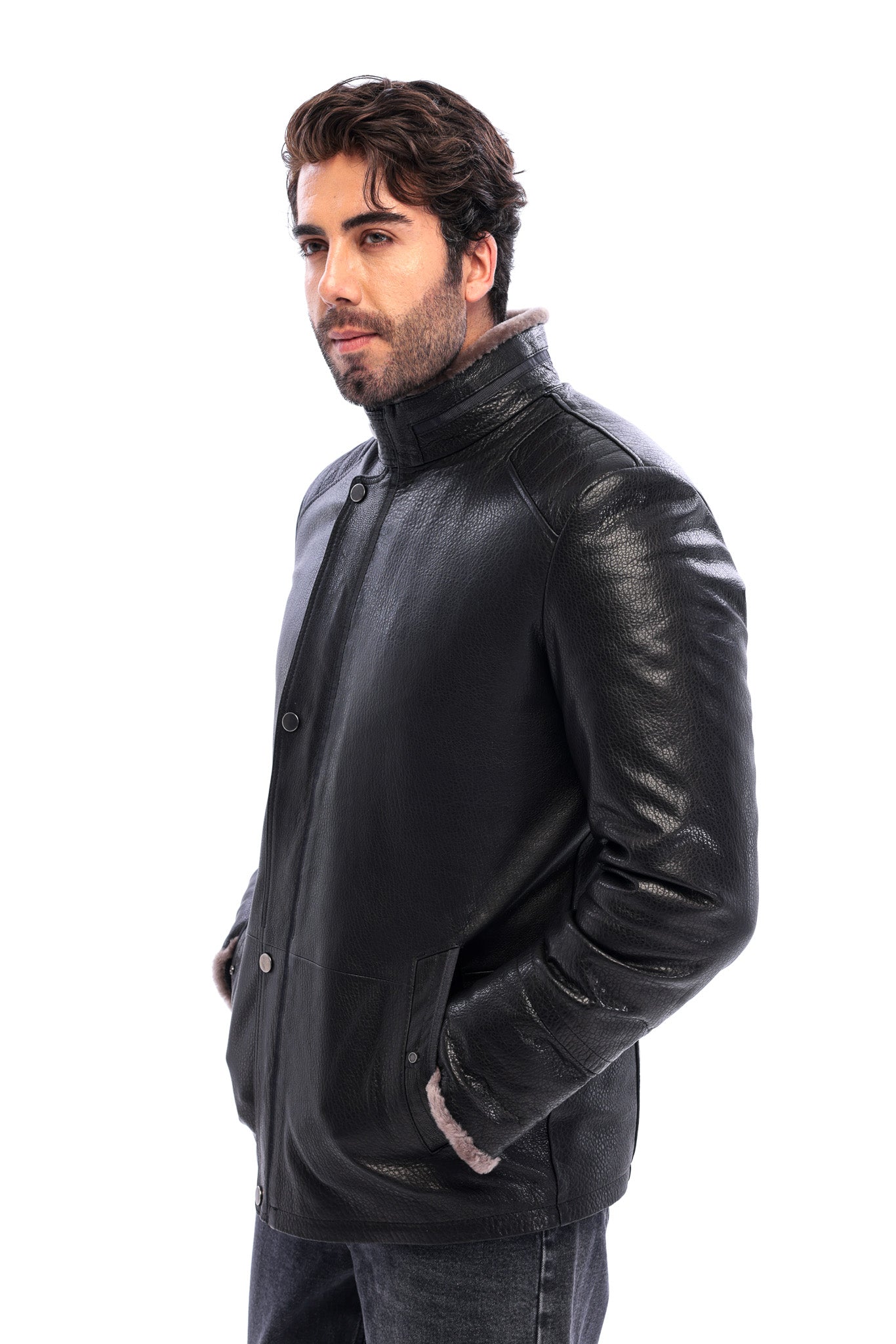 The Sondrio Black Genuine Leather Shearling Men Jacket