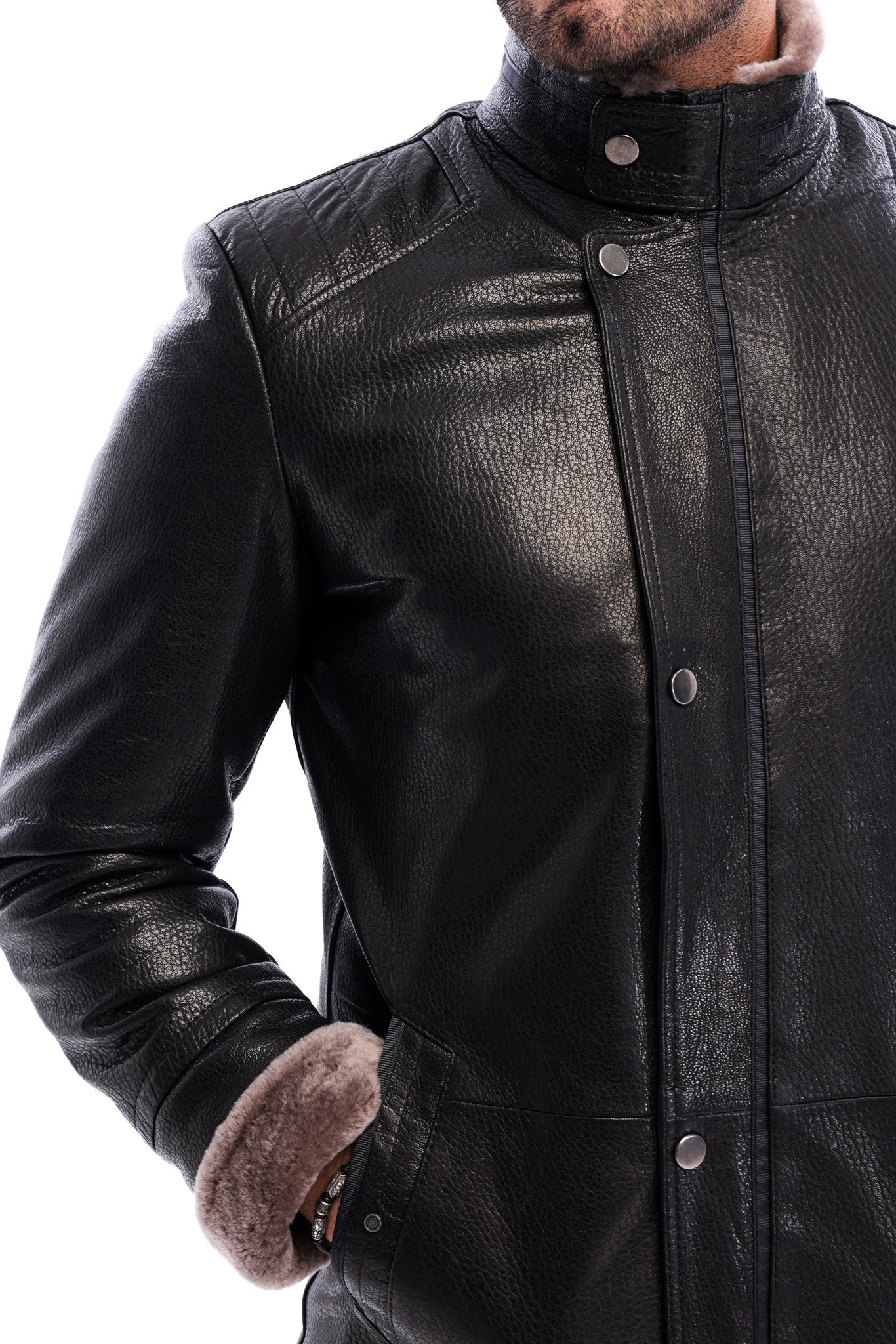 The Sondrio Black Genuine Leather Shearling Men Jacket