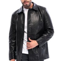 The Avelino Black Genuine Calf Leather Classic Collar Men Coat