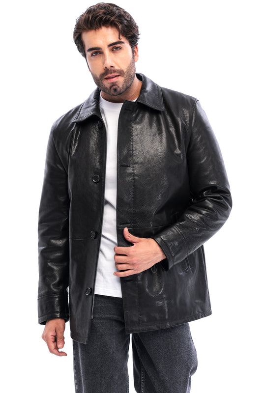 The Avelino Black Genuine Calf Leather Classic Collar Men Coat