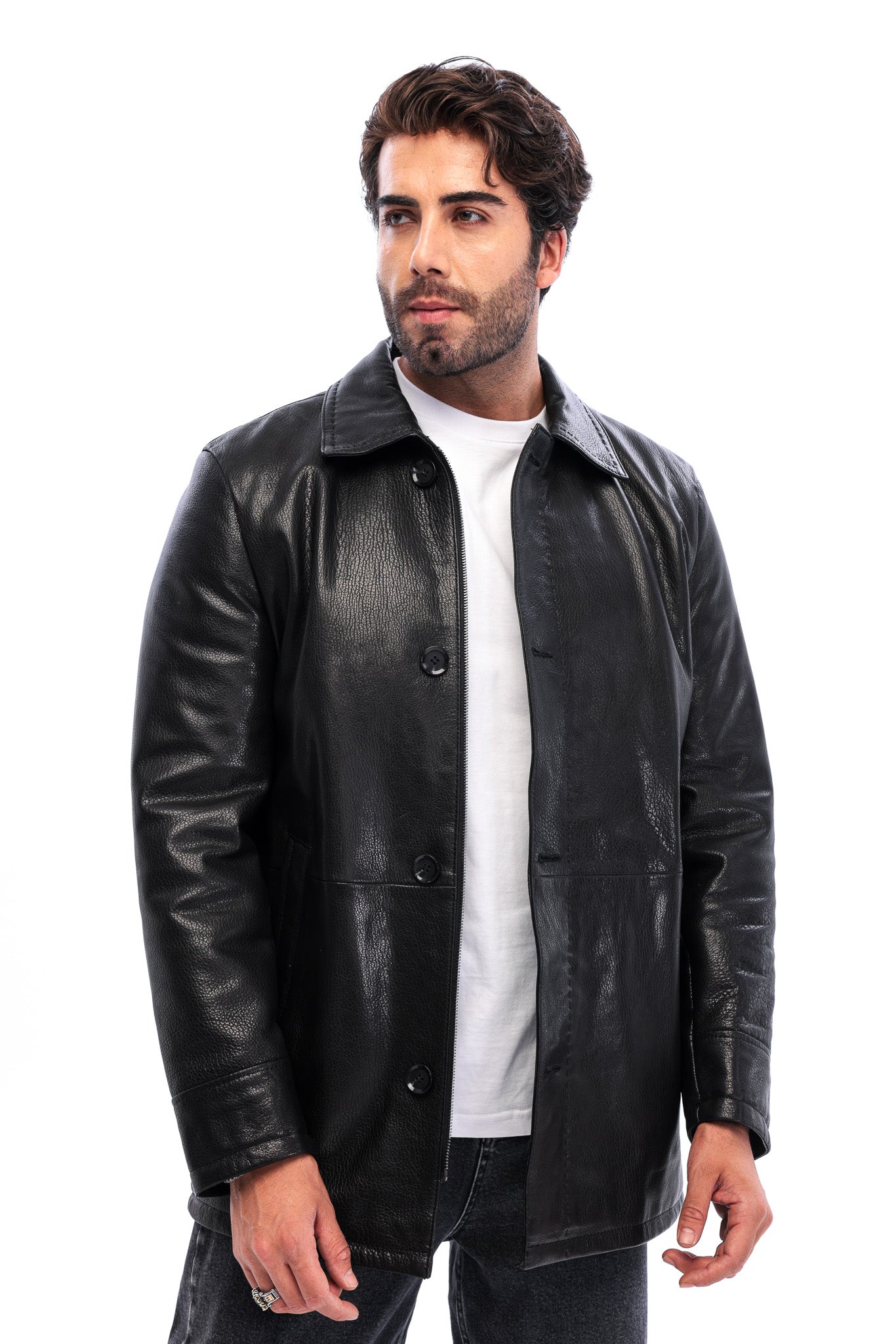 The Avelino Black Genuine Calf Leather Classic Collar Men Coat