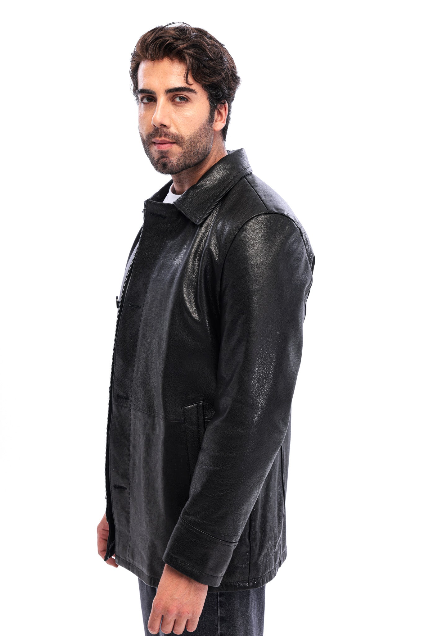 The Avelino Black Genuine Calf Leather Classic Collar Men Coat