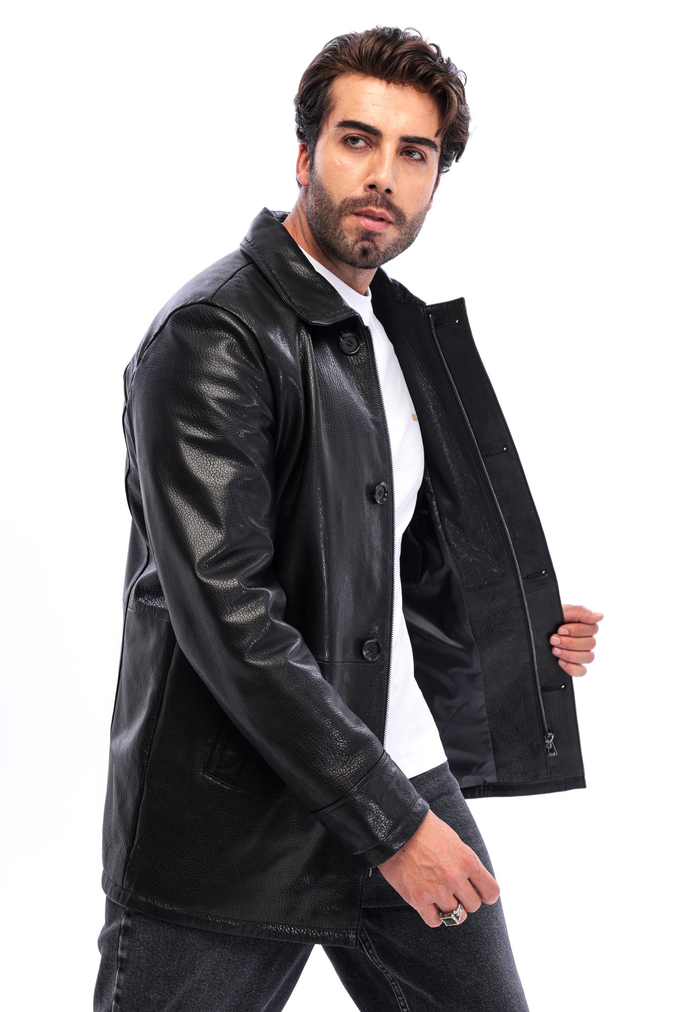 The Avelino Black Genuine Calf Leather Classic Collar Men Coat