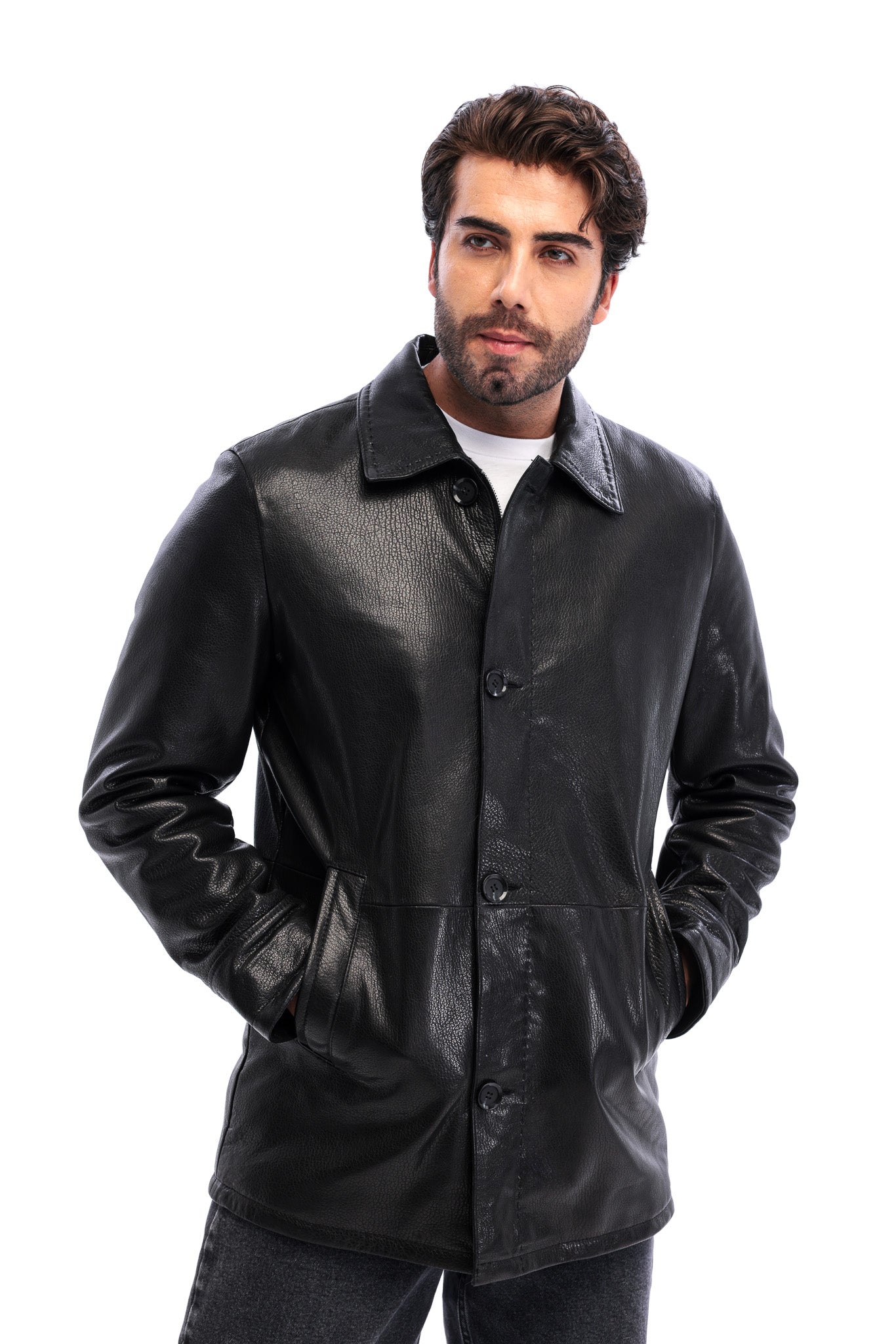 The Avelino Black Genuine Calf Leather Classic Collar Men Coat