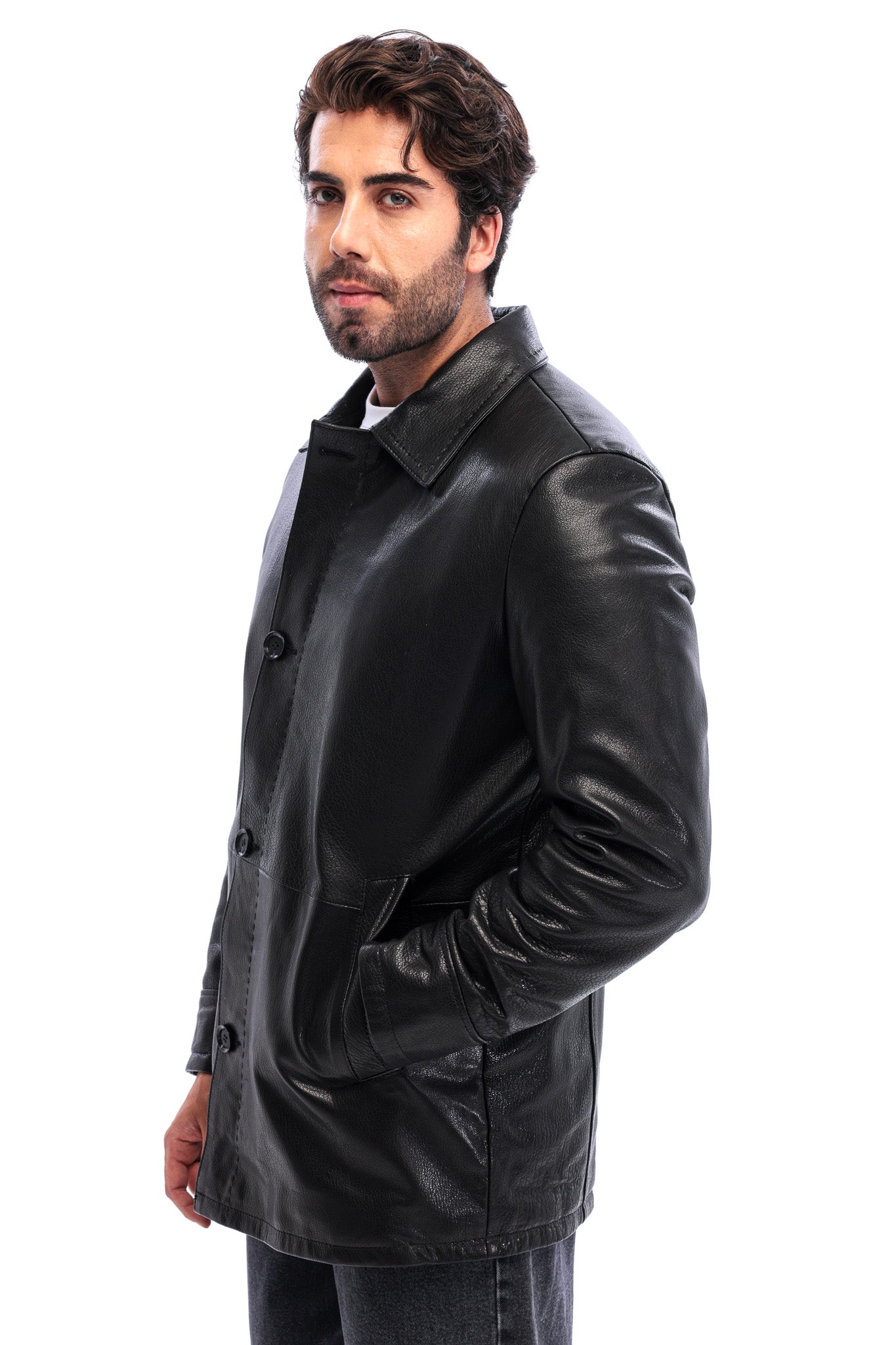 The Avelino Black Genuine Calf Leather Classic Collar Men Coat