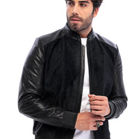 The Corviano Black Genuine Leather & Textured Leather Men Bomber Jacket