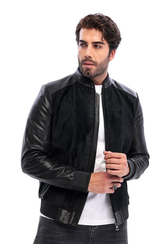 The Corviano Black Genuine Leather & Textured Leather Men Bomber Jacket