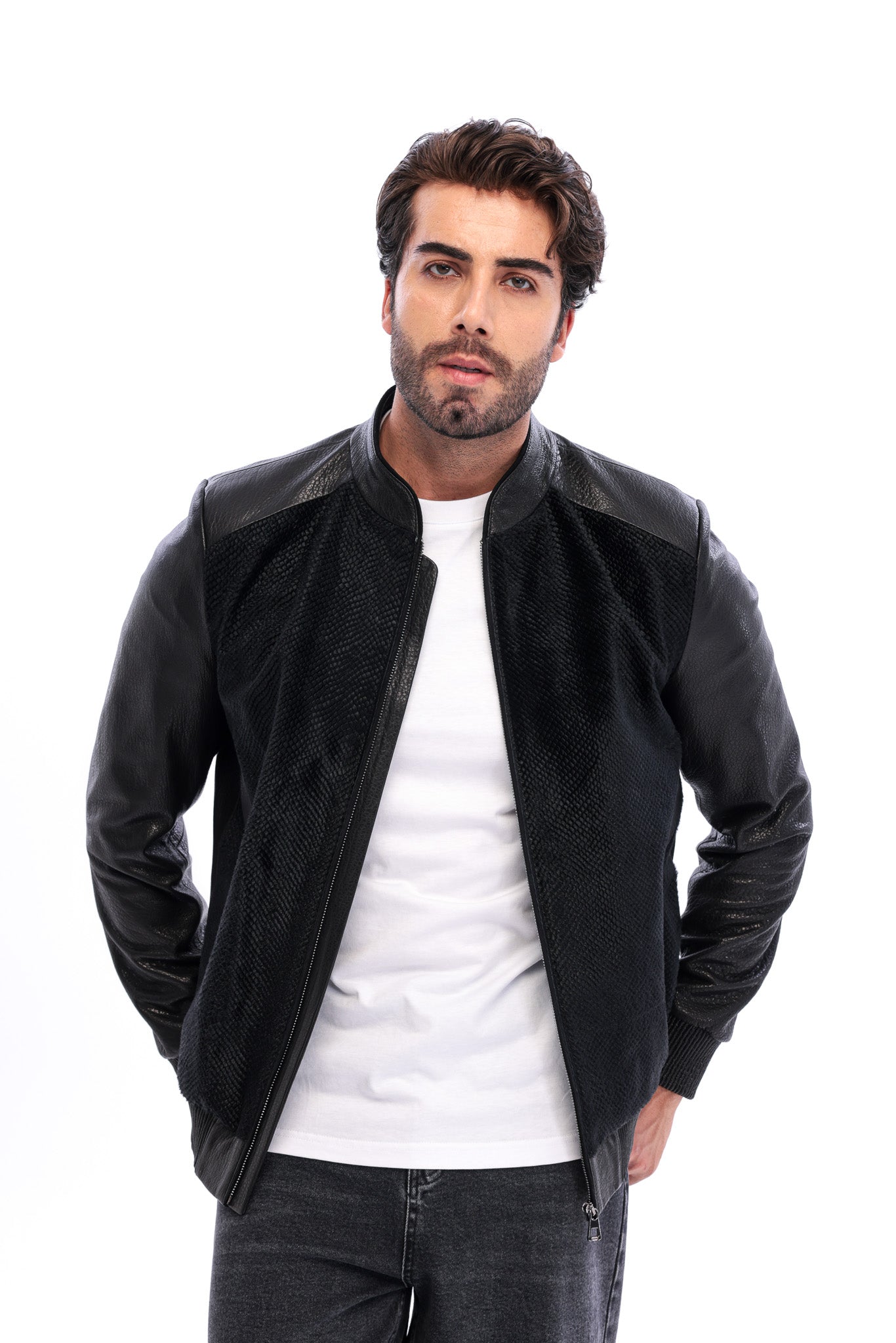 The Corviano Black Genuine Leather & Textured Leather Men Bomber Jacket
