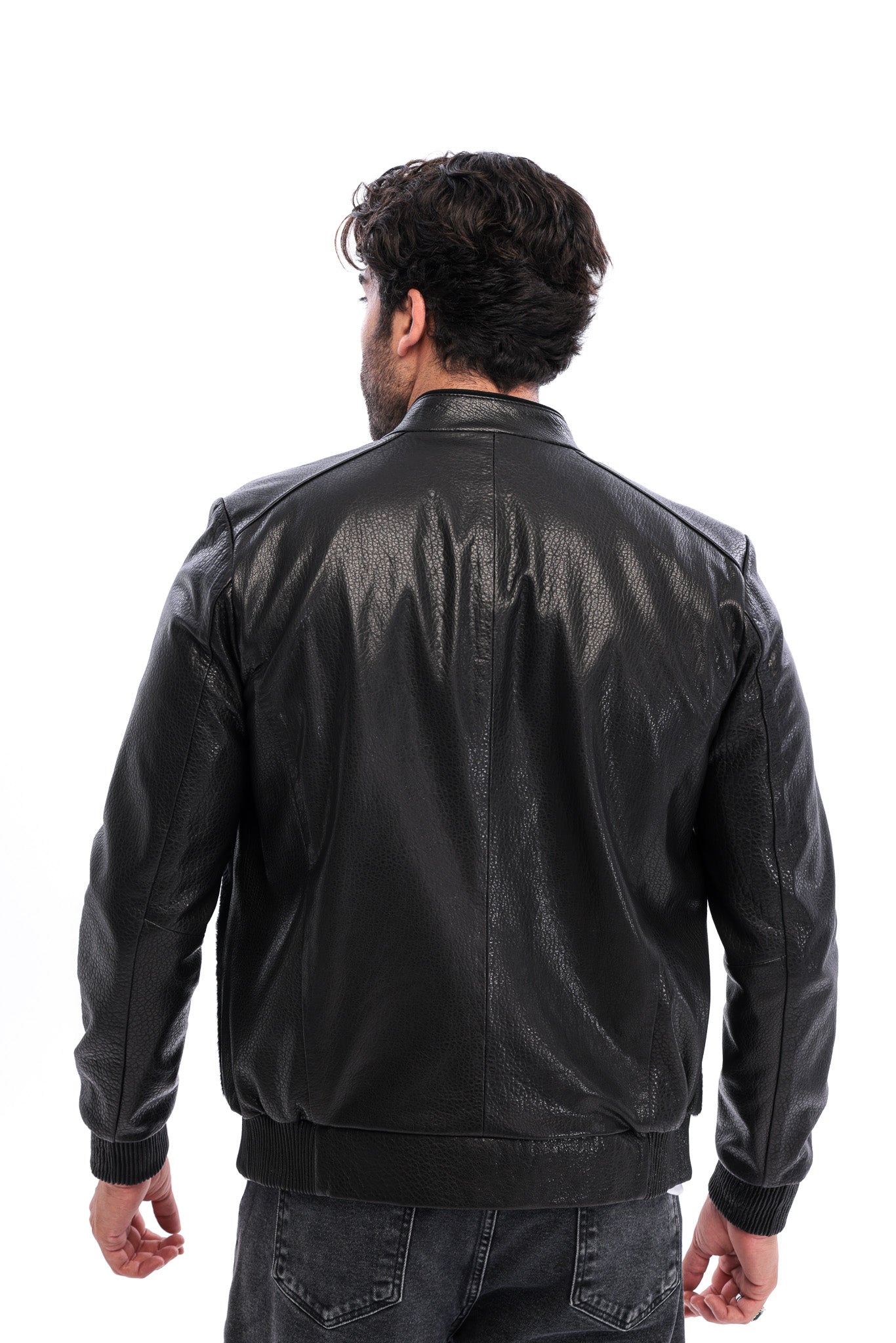 The Corviano Black Genuine Leather & Textured Leather Men Bomber Jacket