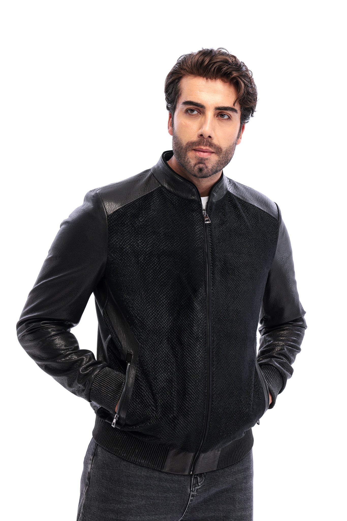 The Corviano Black Genuine Leather & Textured Leather Men Bomber Jacket