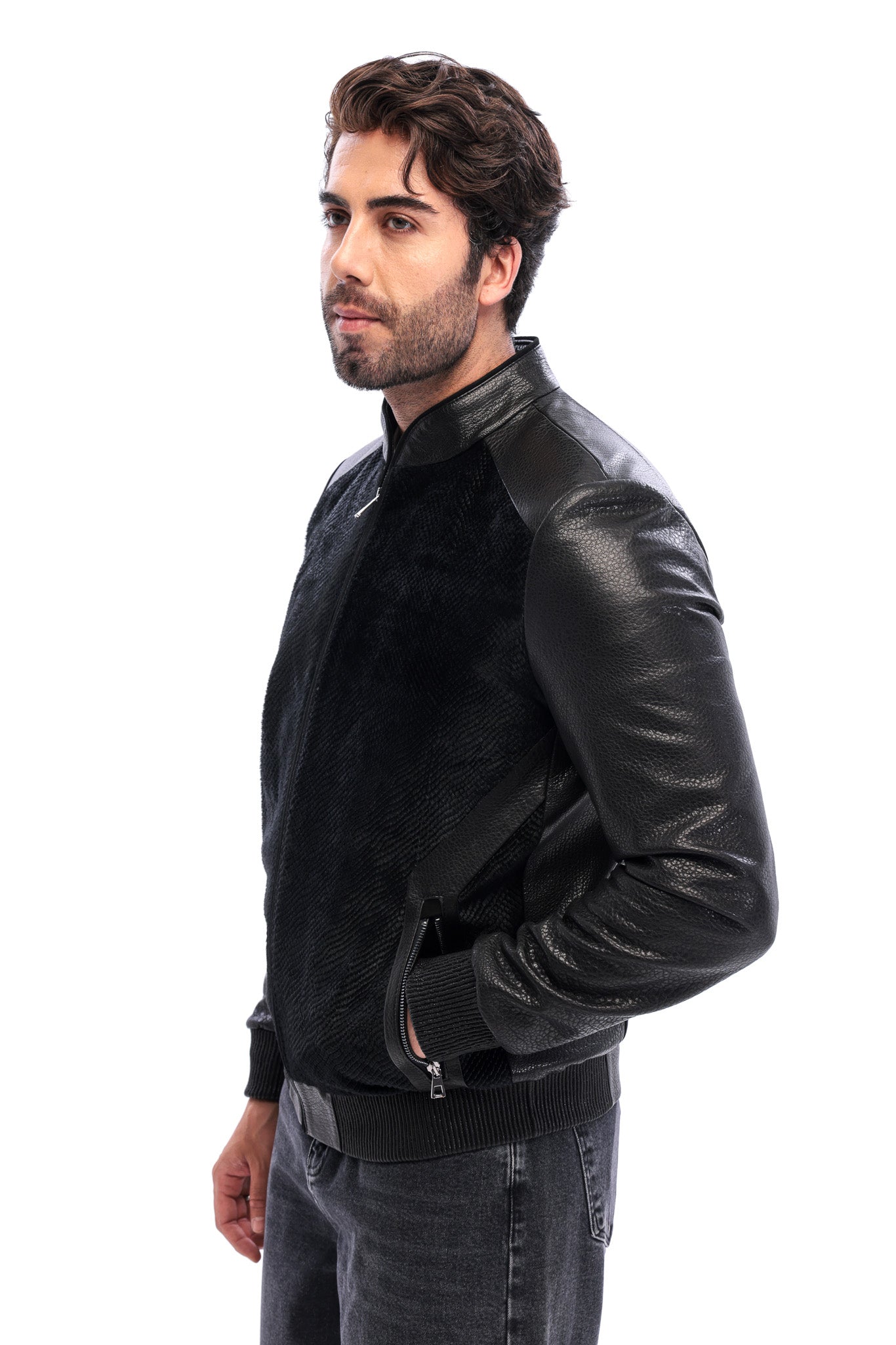 The Corviano Black Genuine Leather & Textured Leather Men Bomber Jacket