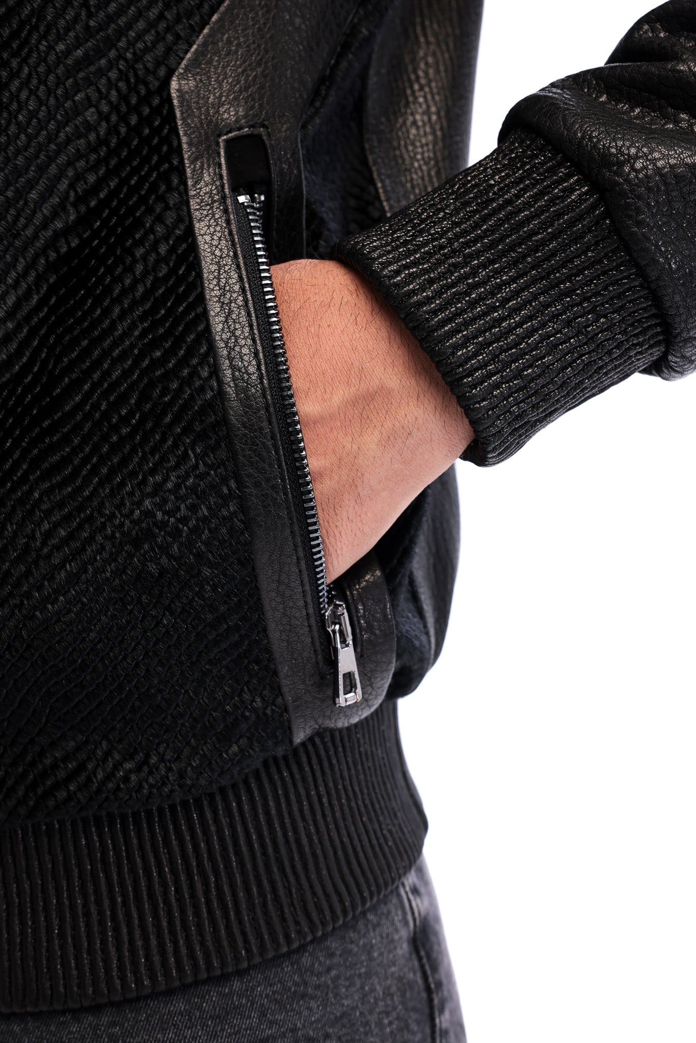 The Corviano Black Genuine Leather & Textured Leather Men Bomber Jacket