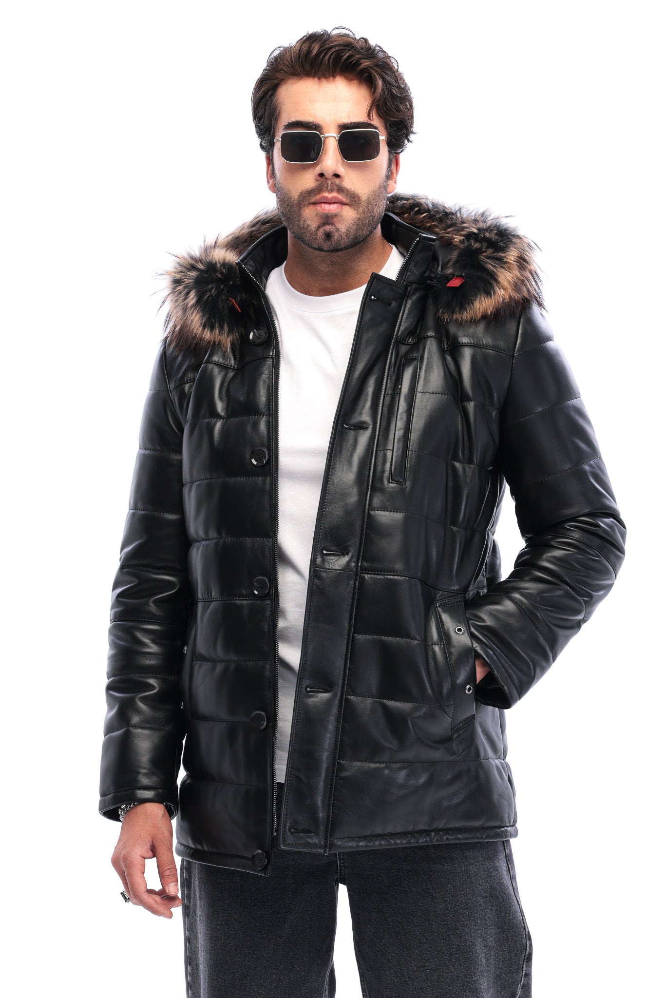The Norvello Black Genuine Leather Hooded Men Jacket