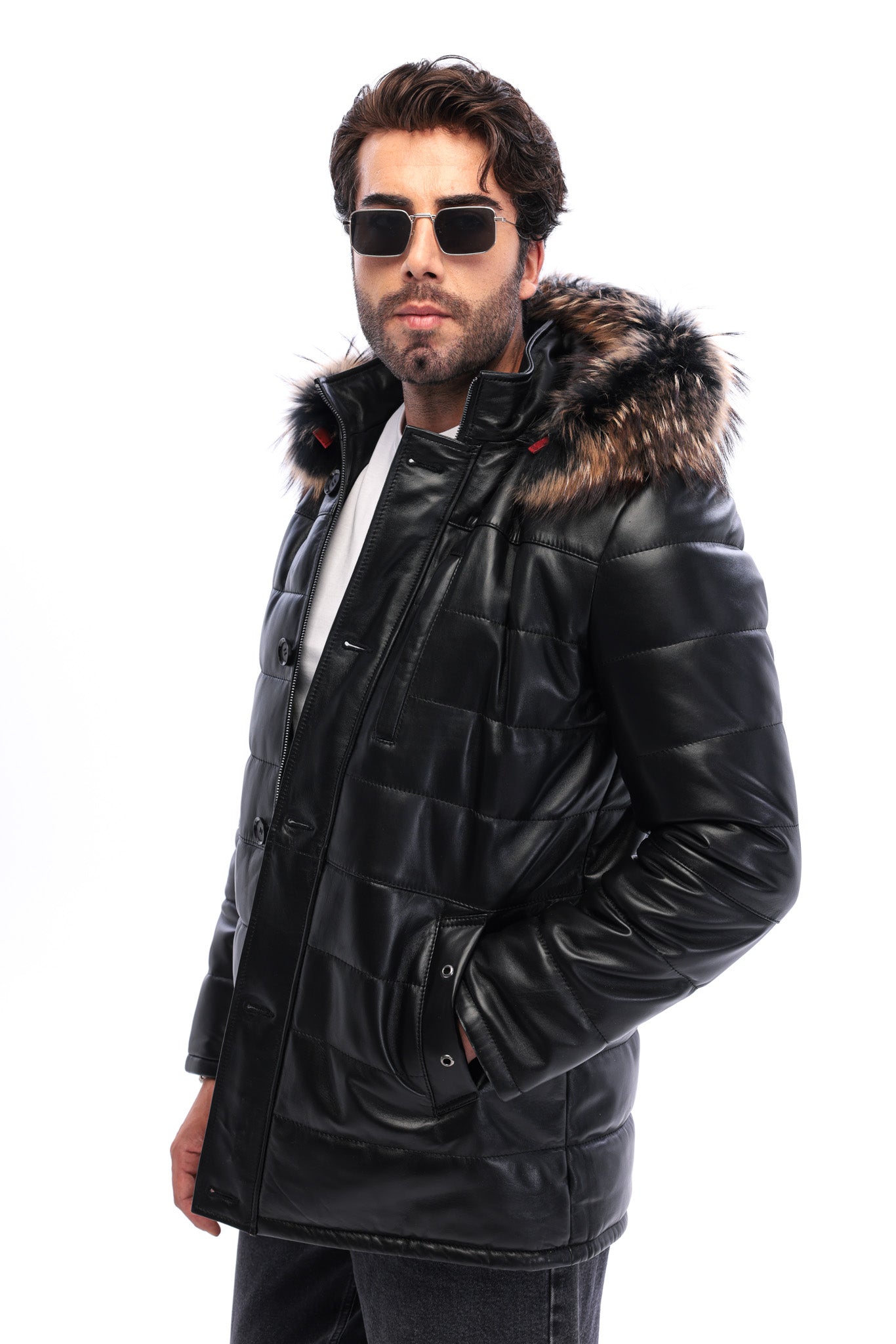 The Norvello Black Genuine Leather Hooded Men Jacket