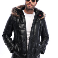 The Norvello Black Genuine Leather Hooded Men Jacket