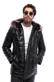The Norvello Black Genuine Leather Hooded Men Jacket