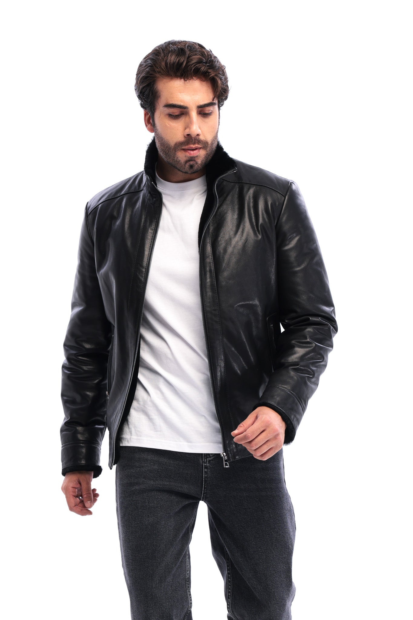The Sondrio Black Genuine Calf Leather Shearling Men Jacket