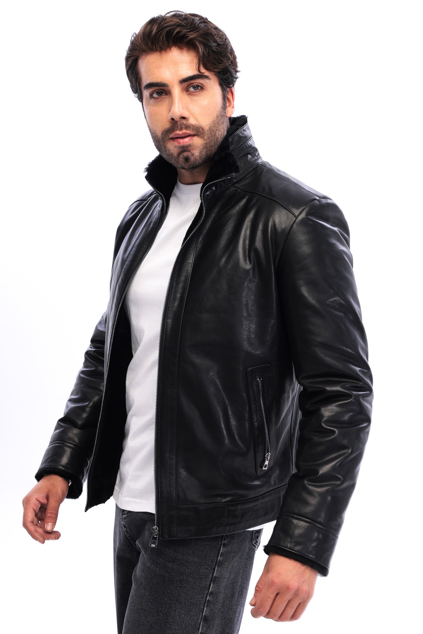 The Sondrio Black Genuine Calf Leather Shearling Men Jacket