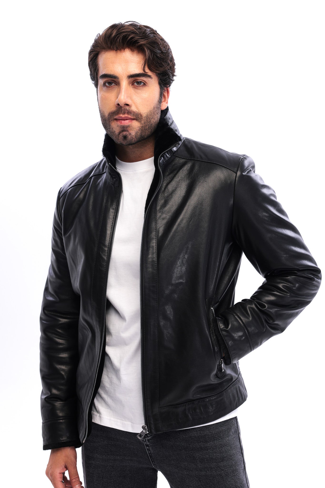 The Sondrio Black Genuine Calf Leather Shearling Men Jacket
