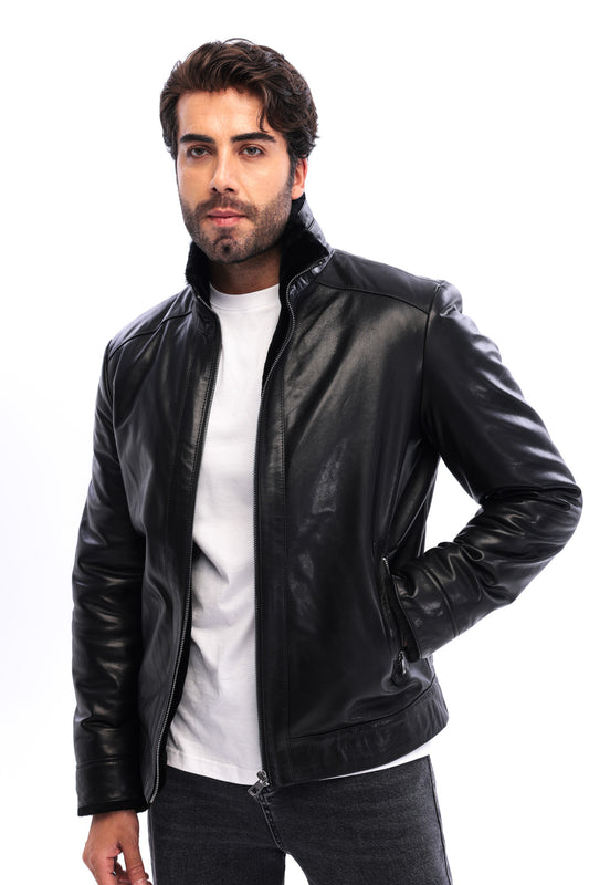 The Sondrio Black Genuine Calf Leather Shearling Men Jacket