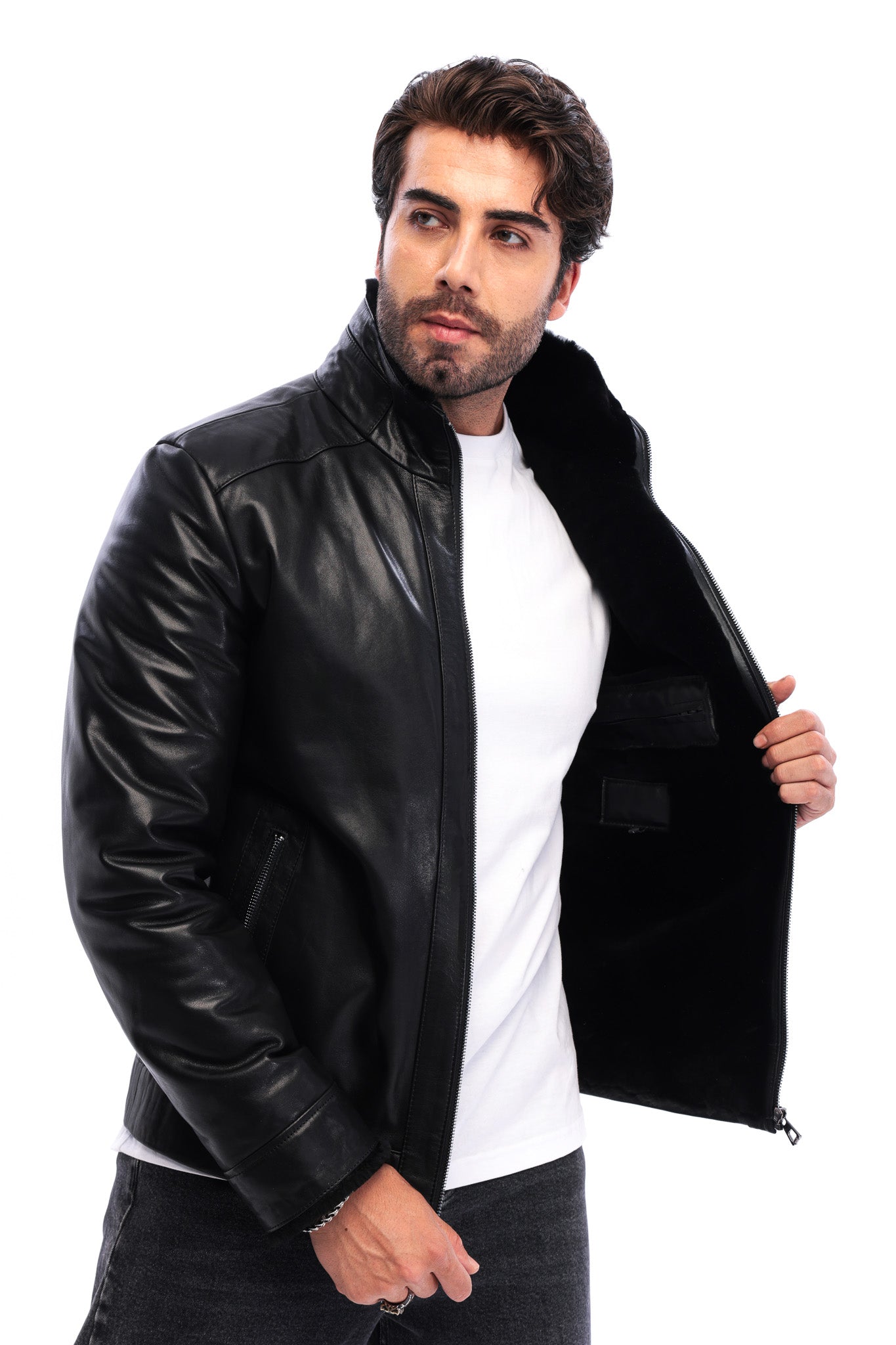 The Sondrio Black Genuine Calf Leather Shearling Men Jacket