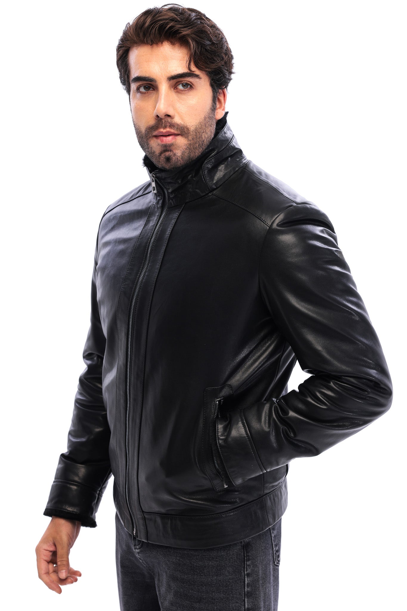 The Sondrio Black Genuine Calf Leather Shearling Men Jacket