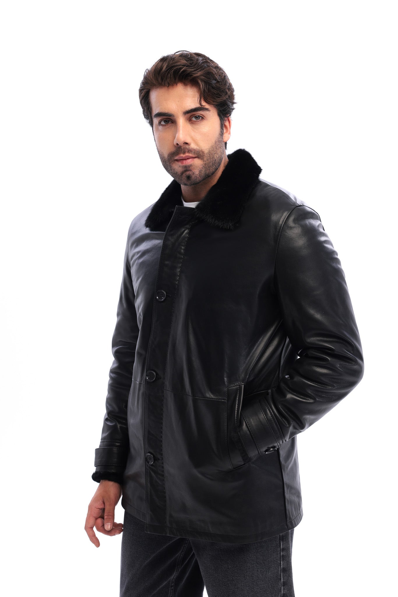 The Avelino Black Genuine Calf Leather Fur Collar Men Coat