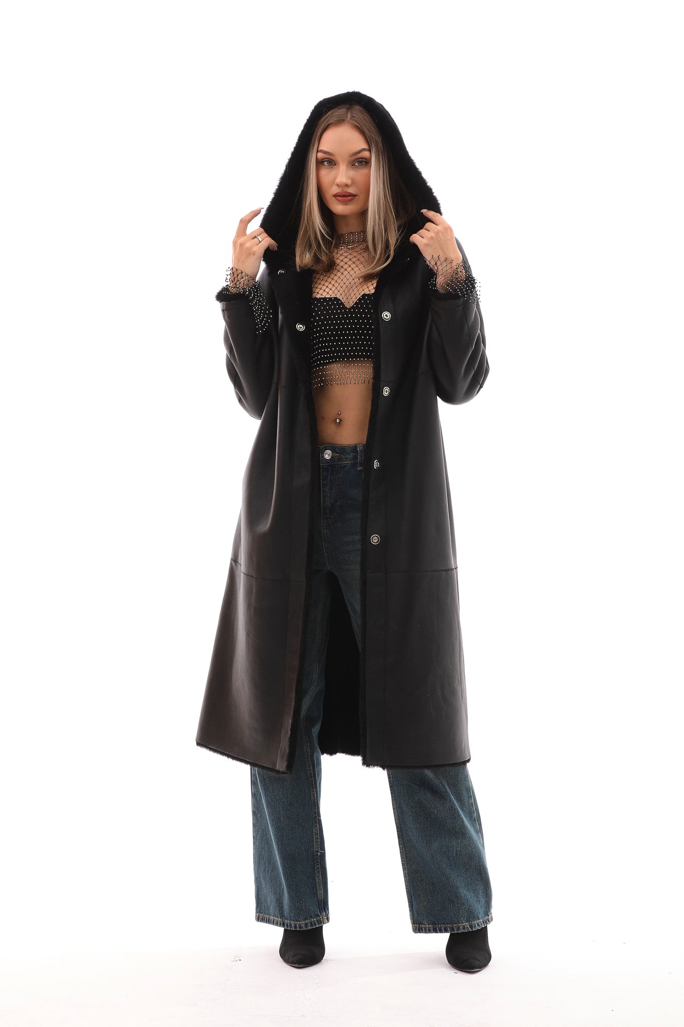 The Virella Reversible Hooded Shearling Black Leather Women Jacket