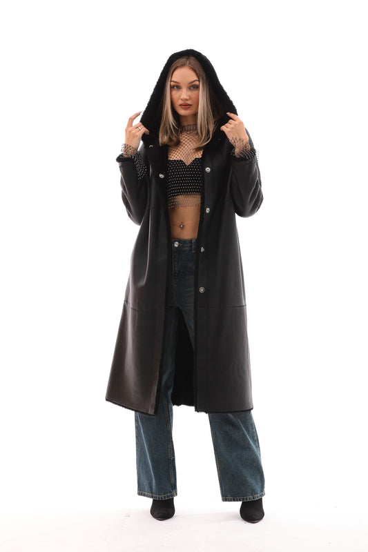 The Virella Reversible Hooded Shearling Black Leather Women Jacket