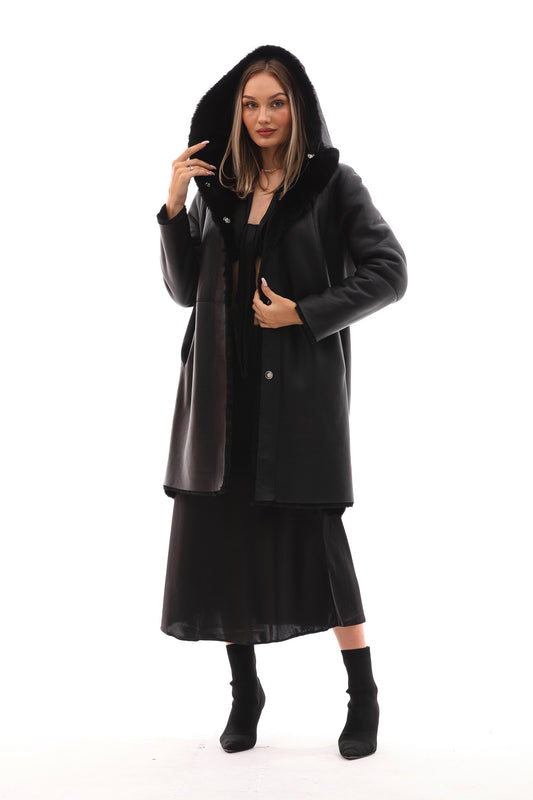 Chaqueta de cuero negro reversible con capucha y borrego Noctura
