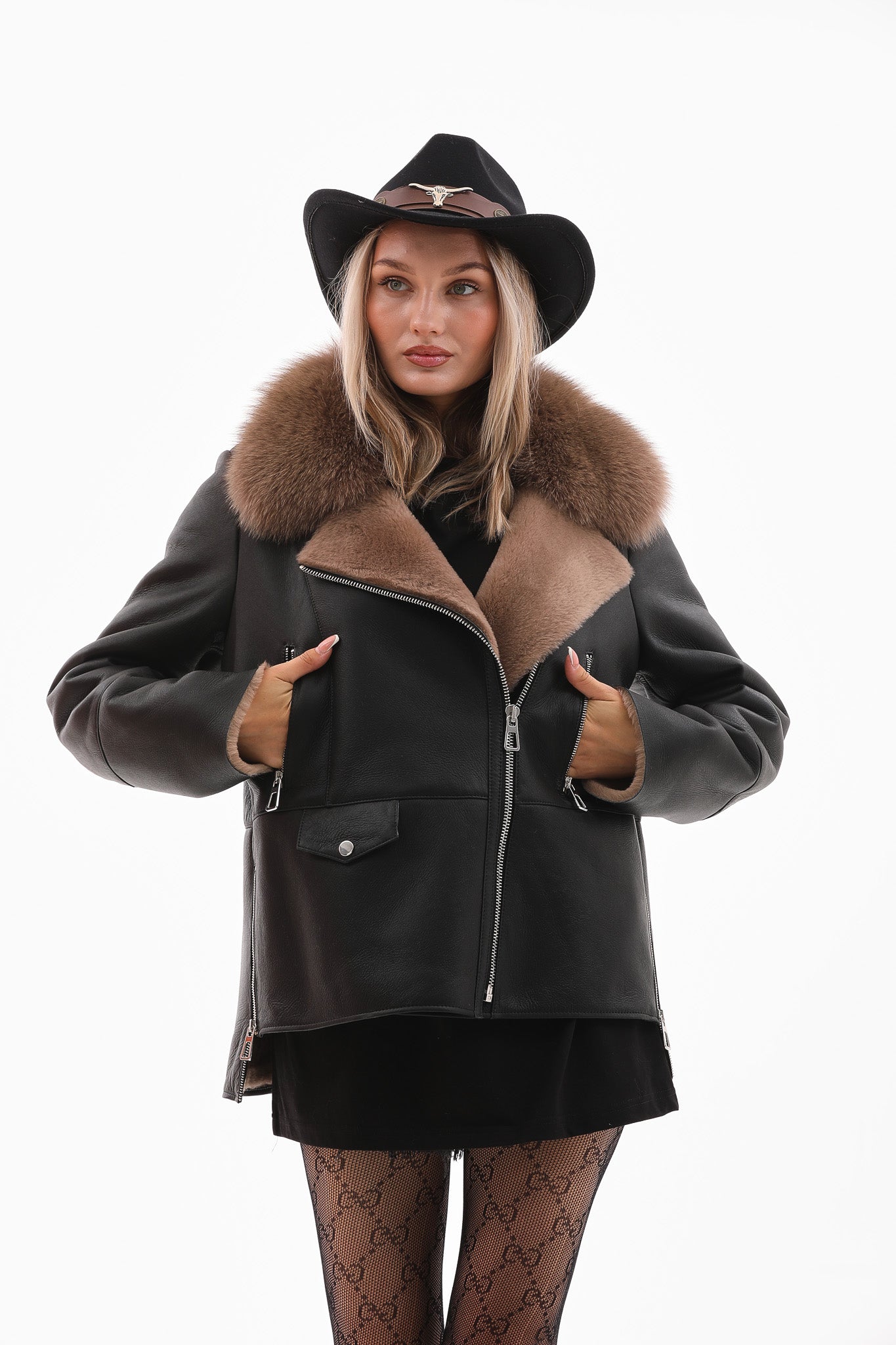 The Duchess Chaqueta de Cuero para Mujer con Forro de Borrego en Negro y Marrón