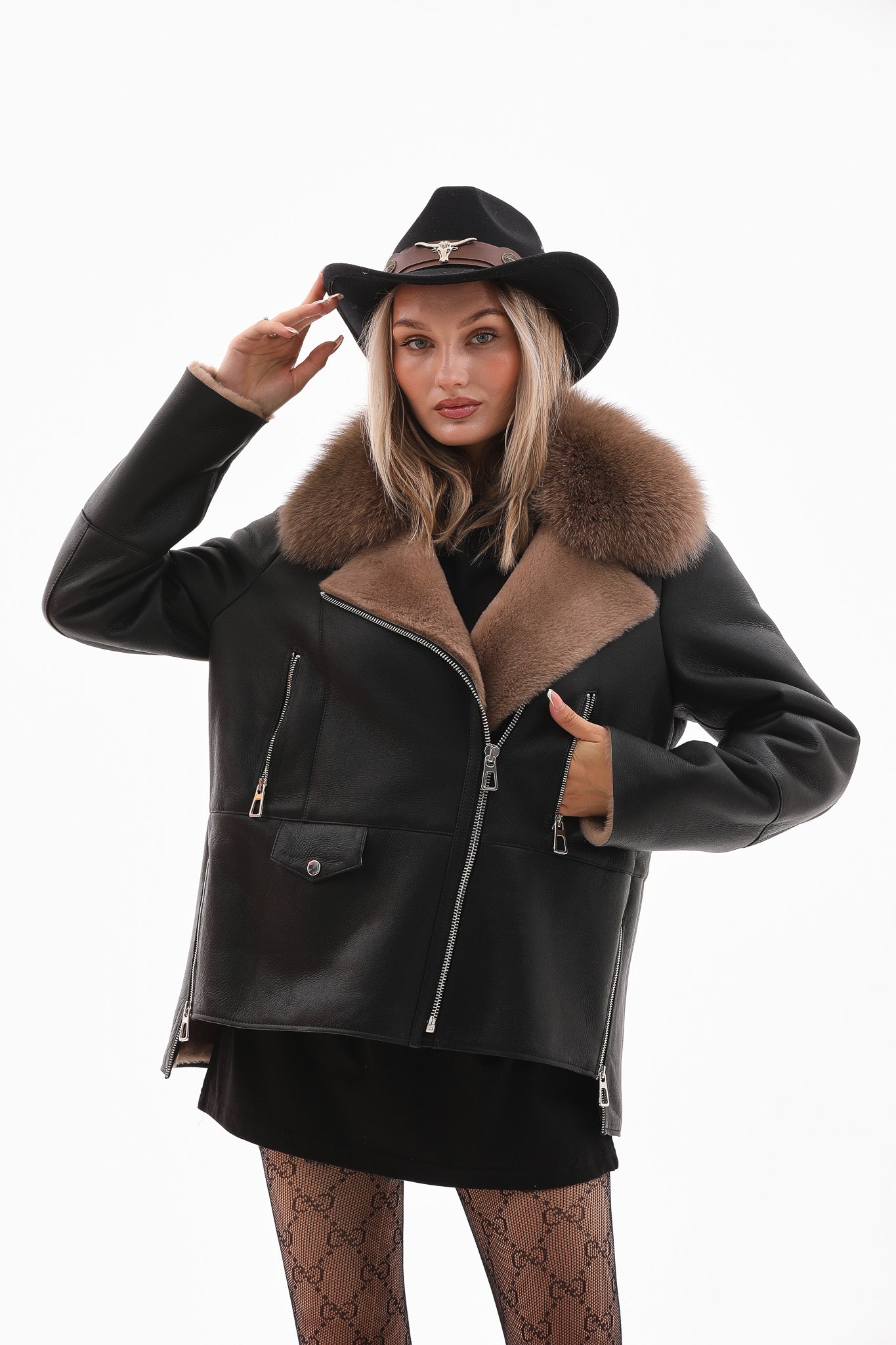The Duchess Chaqueta de Cuero para Mujer con Forro de Borrego en Negro y Marrón