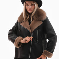 The Duchess Chaqueta de Cuero para Mujer con Forro de Borrego en Negro y Marrón