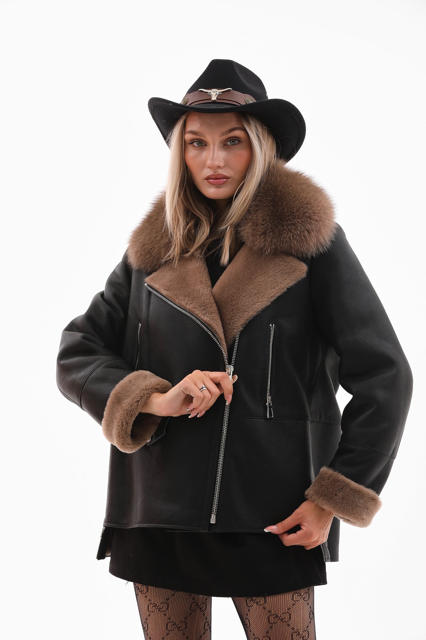 The Duchess Chaqueta de Cuero para Mujer con Forro de Borrego en Negro y Marrón